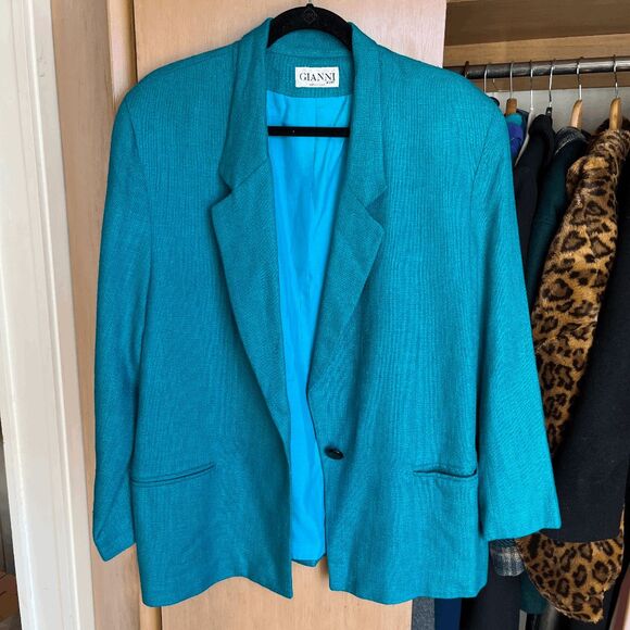Vintage Gianni Sport Bright Teal Textured Blazer Jacket USA Made Size 14 - Picture 8 of 10